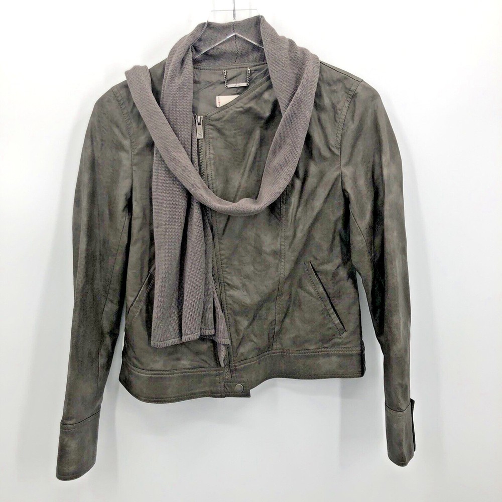 Macys Womens Aviator Bomber Jacket Faux Leather Khaki Small Attached Scarf Zip